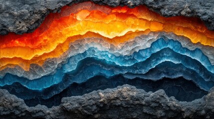 Colorful layered rock strata, fiery interior, dark cave background, abstract art