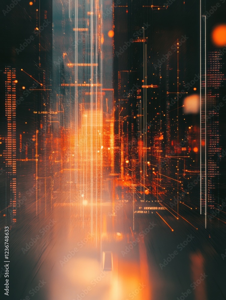 Poster creative coding lines on blurry server room background. programming and hardware concept. double exp