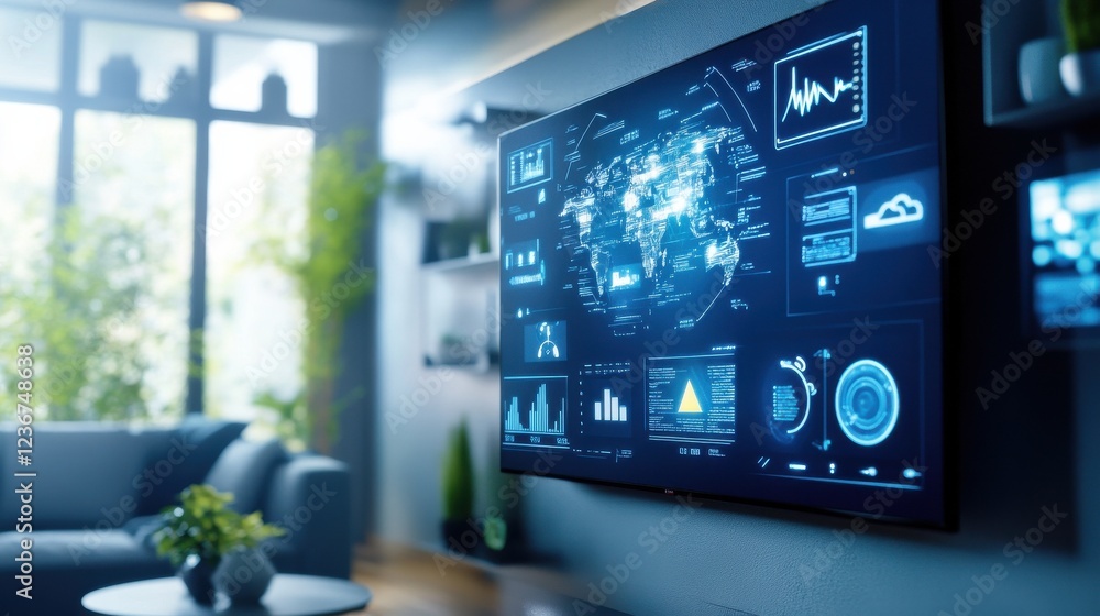 Aufkleber a high-tech home security system with sensors and cameras mounted in a living room
