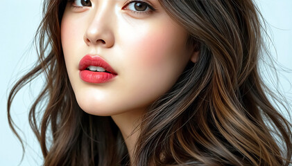 Fototapeta premium Close up of Asian woman face radiant complexion subtly flushed cheeks and red lipstick long wavy brown hair cascades around shoulders