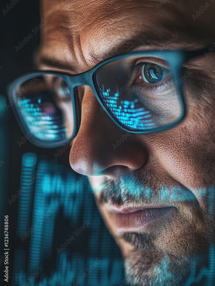 Poster mature concentrated business man trader wearing eyeglasses working looking at laptop computer screen