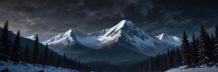 Majestic snow-capped mountain rises above dark forest under starry night , nighttime forest, snow capped peak