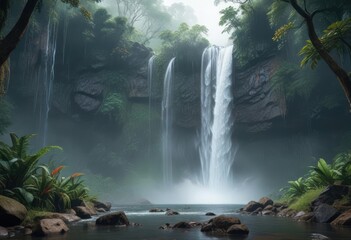 Majestic waterfall in a misty rainforest environment , atmosphere, rainforest, green