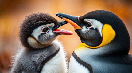 Naklejka premium Emperor Penguin Parent Feeding Chick in Warm Light