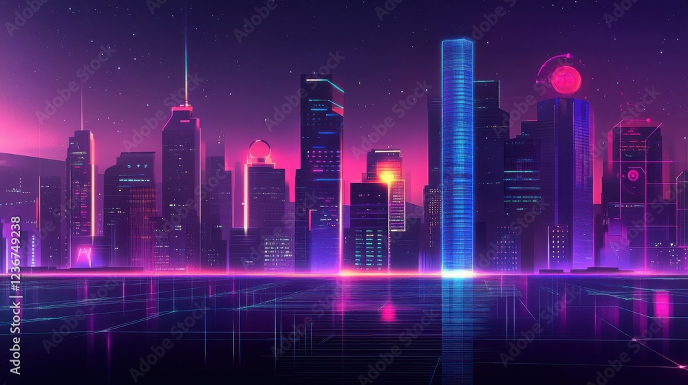 Poster a futuristic city skyline with abstract data visualizations and glowing elements representing techno