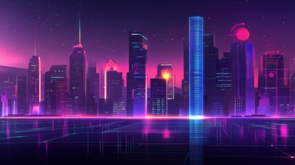 A futuristic city skyline with abstract data visualizations and glowing elements representing technology and analytics.
