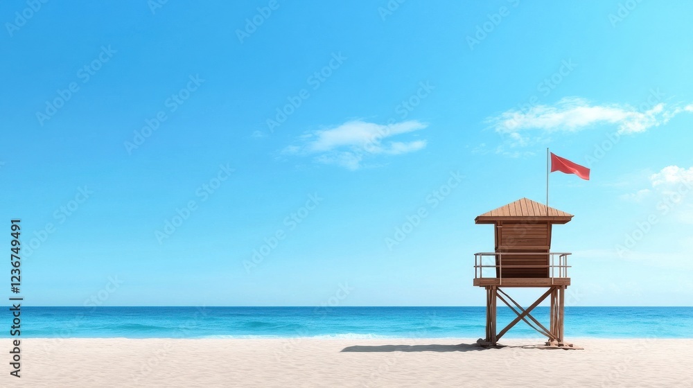 Poster a lifeguard tower on a beach with a flag system indicating water conditions