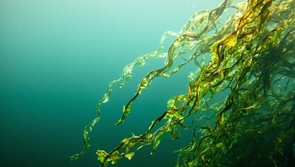 Serene underwater algae strands in soft green hues blending with blue water