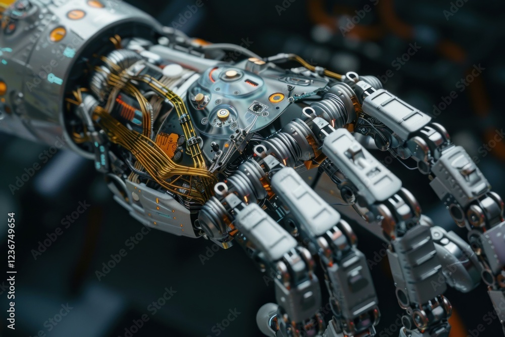 Aufkleber close up view of a complex robotic hand showcasing intricate mechanics and futuristic design