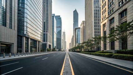 Obraz premium Modern city street with an asphalt road flanked by tall skyscrapers on either side, city street, modern architecture, urban sprawl