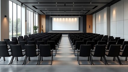 Fototapeta premium Modern conference hall with chairs and a stage, featuring minimalist design and lighting accents, ideal for corporate events or seminars. 3D Rendering