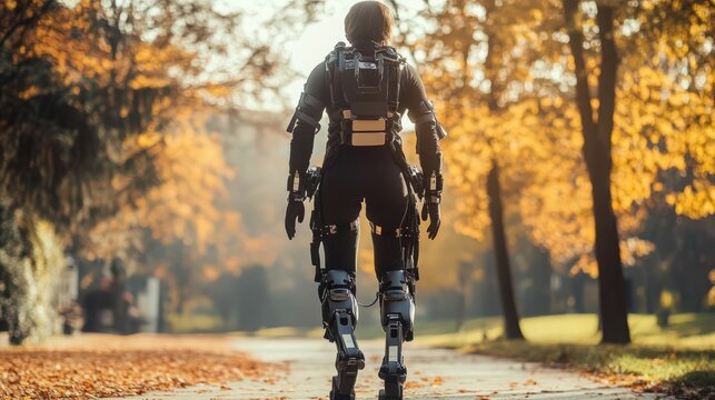 Futuristic figure walking along autumn path wearing a robotic exoskeleton suit