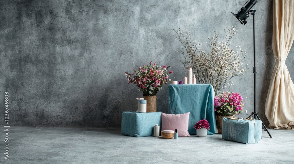 Poster creative studio displaying soft lighting and colorful props urban space photography setup inviting a