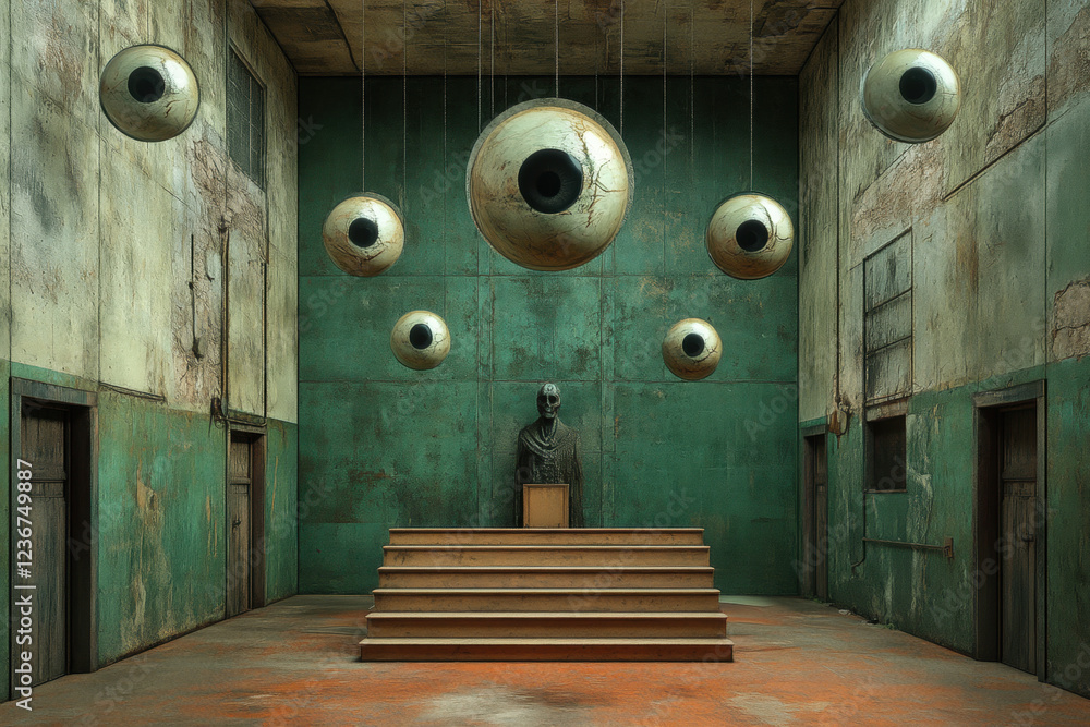 Poster demon not lie, a surreal image of a courtroom featuring floating eyes and a demon, designed for high