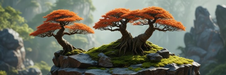 Obraz premium Moss-covered bonsai tree on a rock, highlighting its unique growth, bonsai tree, nature