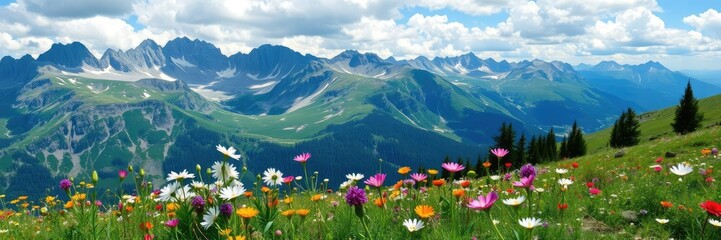 Fototapeta premium Mountain landscape with blooming wildflowers in the Alps, landscape, village, spring