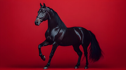 Obraz premium Black horse standing confidently against a solid red background in a professional studio setting exuding strength elegance and dominance ultra-detailed high-quality studio portrait