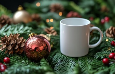 White mug on Christmas tree branches with ornaments and pine cones.