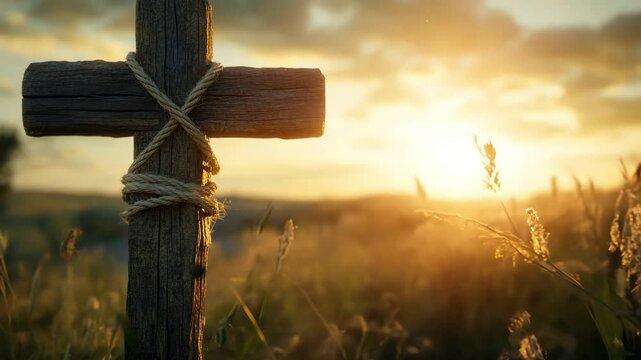 cross with rope at the sunset