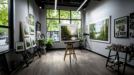Fototapeta premium Local artist painting vibrant canvas in small gallery urban environment inspiring creative space