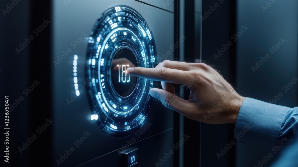 Fototapete a person entering a passcode on a high-tech safe with glowing numbers