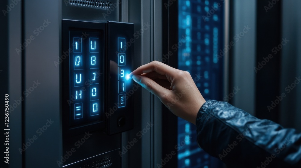 Leinwandbilder A person entering a passcode on a high-tech safe with glowing numbers
