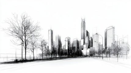 Minimalist black and white city skyline sketch urban landscape art illustration modern environment side view creative concept