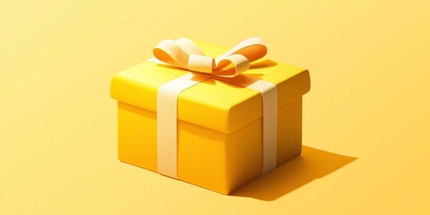 Bright yellow gift box with white bow on yellow background