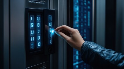 A person entering a passcode on a high-tech safe with glowing numbers