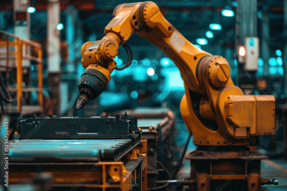 Poster yellow robotic arm working on factory assembly line, performing automated tasks in modern manufactur