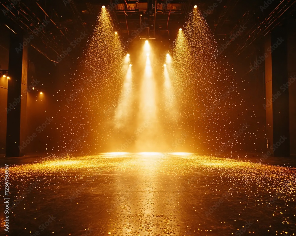 Poster stage lights illuminating a dark room with golden particles.