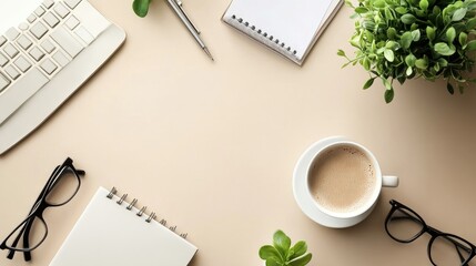 Minimalist office desk with sleek tech gadgets and a cup of coffee