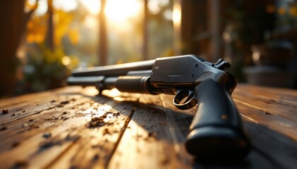 Obraz premium Shotgun Resting on Rustic Wooden Table Outdoors at Sunset Golden Hour Hunting Weapon