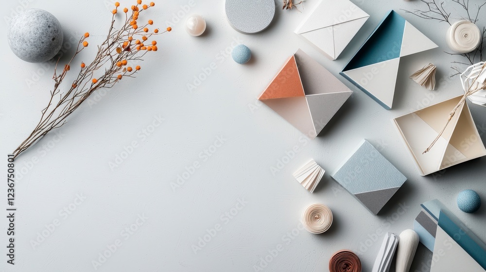 Aufkleber geometric paper cutouts and textures studio setting flat lay composition calm environment aesthetic 