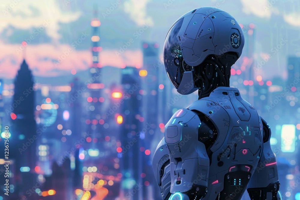 Poster advanced humanoid robot observing a vibrant cityscape at dusk, showcasing the integration of artific