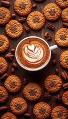 Fototapeta premium Rustic Charm Aromatic Latte with Artful Design Amidst Freshly Baked Cookies and Nutmeg