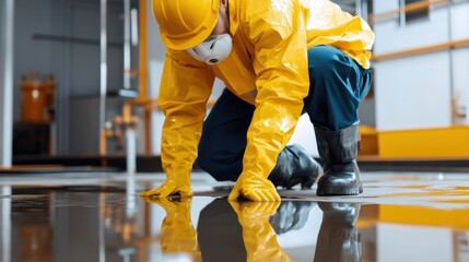 A professional cleaning a hazardous chemical spill with protective gear