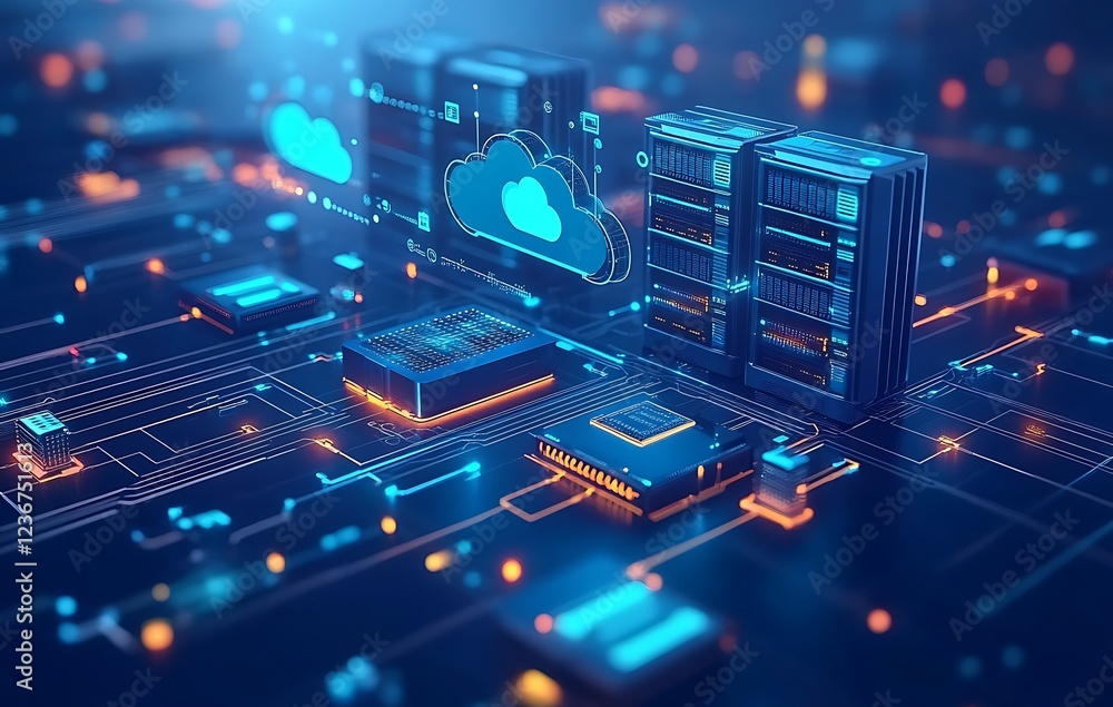 Poster futuristic cloud computing server technology concept.
