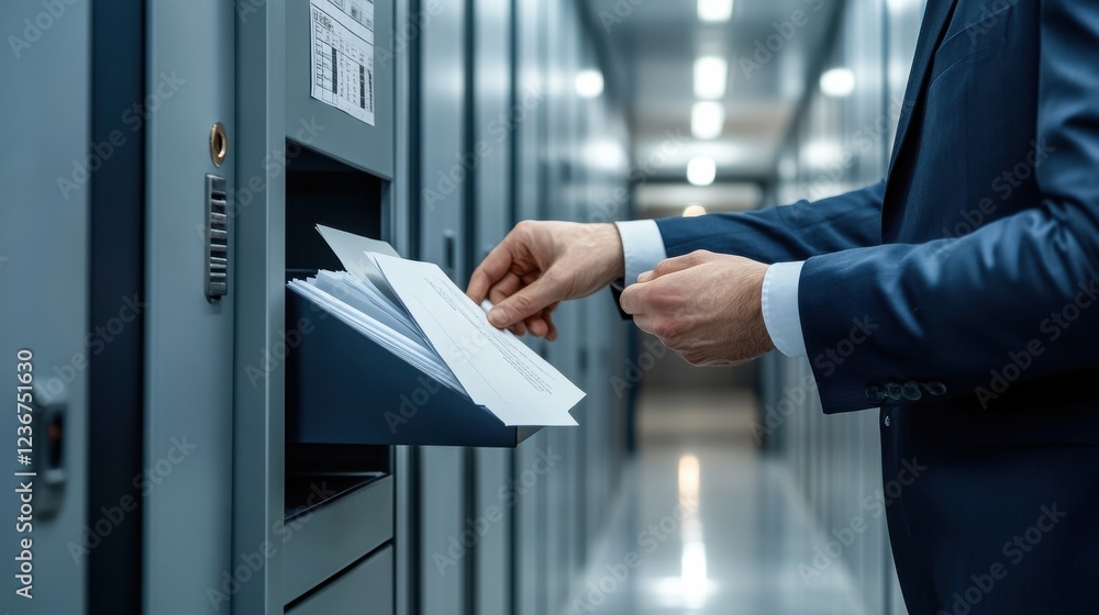 Poster a protective lockbox for sensitive documents, with a hand placing files inside