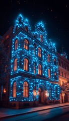 Fototapeta premium Historic European Building Adorned with Festive Blue Christmas Lights Illuminating the Night