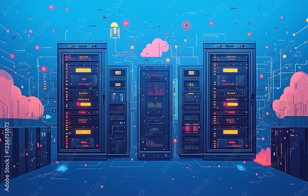 Poster futuristic data center with interconnected servers and cloud computing elements.