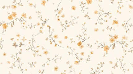 Light yellow and beige small floral seamless pattern on a white background, featuring soft lines and shapes, perfect for charming illustrations suitable as wallpaper