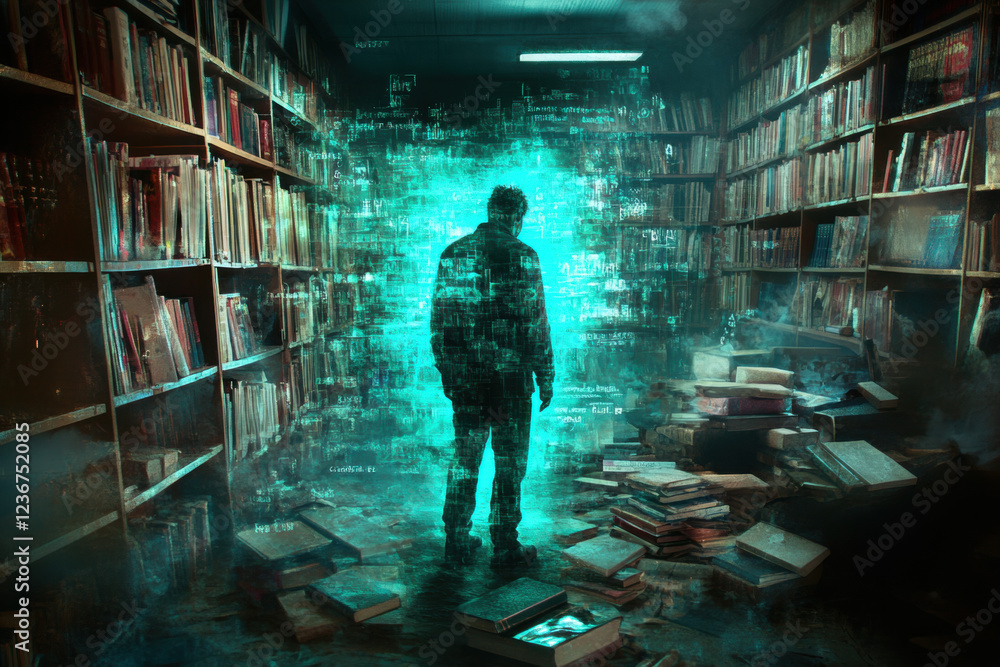 Poster demon not lie, a demon stands in a library filled with books, showcasing a high-fidelity image of an