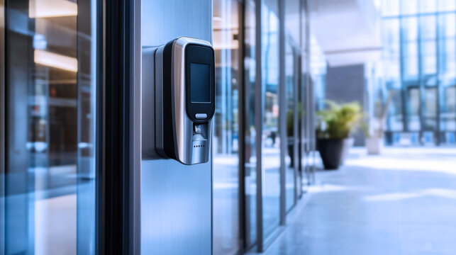 A secure access badge reader mounted on a sleek office building entrance