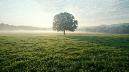 Solitary tree in misty field at sunrise, peaceful landscape, nature photography
