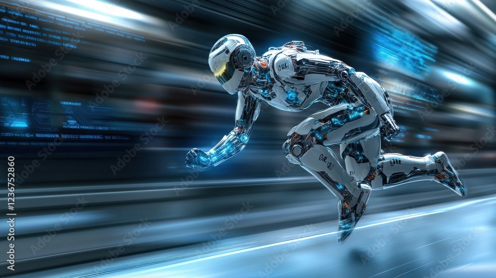 Poster A sprinting robot in a futuristic environment, emphasizing mechanical speed