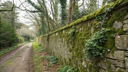 Obraz premium overgrown stone wall with moss and lichen, natural, weathered, moss, greenery, nature