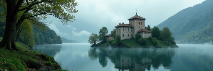 Obraz premium Castello riflesso nell acqua dopo un giorno di pioggia con alberi bollenti, scirocco, castello