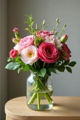 Fototapeta premium Fresh flower arrangement in a clear glass cylinder, , simple shapes