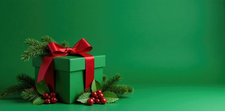 Gift box with fir branches and holly on a green background, holiday, evergreen,